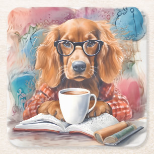 Dog With a Cup of Hot Chocolate Square Paper Coaster