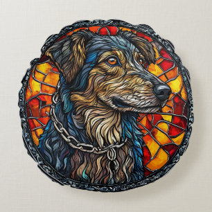 Dog With a Vibrant Stained Glass Background Round Cushion