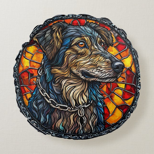 Dog With a Vibrant Stained Glass Background Round Cushion (Front)