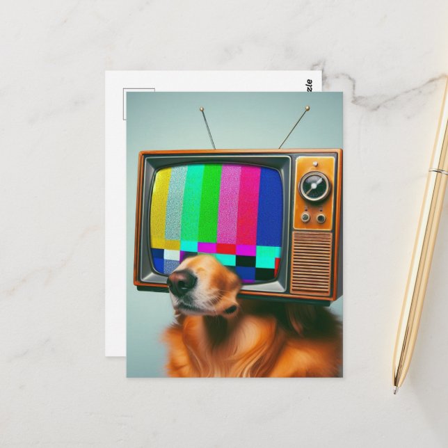 Dog With a vintage TV Face Postcard (Front/Back In Situ)