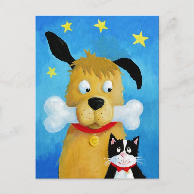 Dog with Bone & Cat Fun Post Card (Front)