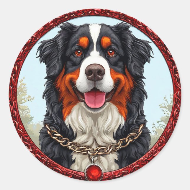 Dog with Chain Collar and Bold Background Classic Round Sticker (Front)