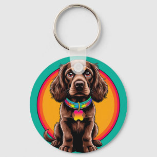 Dog with Colourful Collar Inside Decorative circle Key Ring