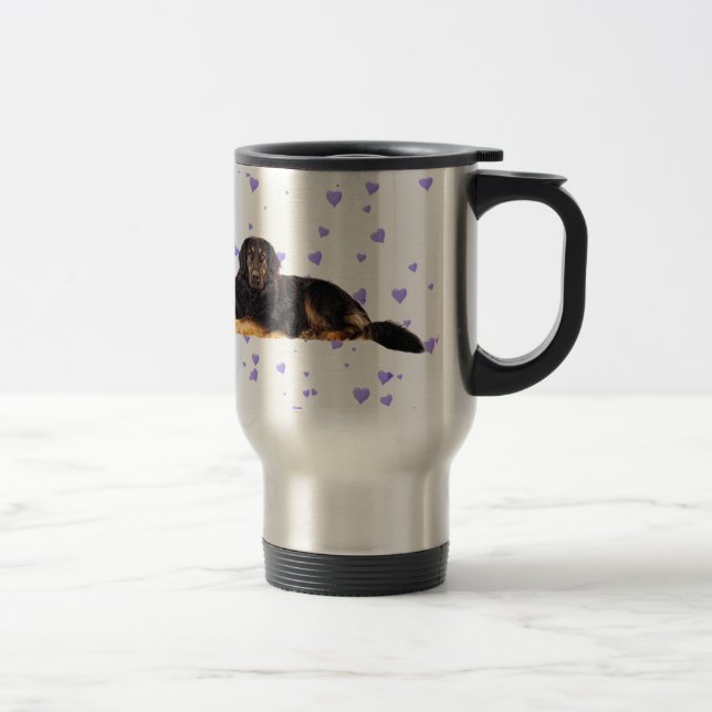 Dog with Falling purple Hearts Travel Mug (Right)
