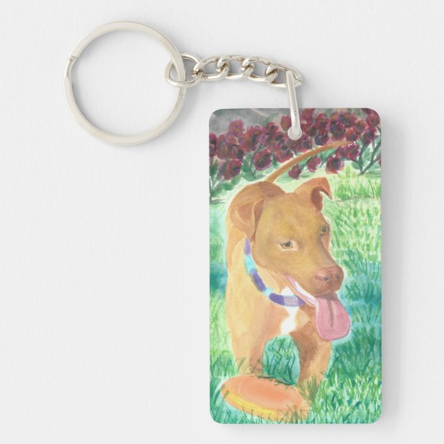 Dog With Frisbee and Roses Key Ring (Front)