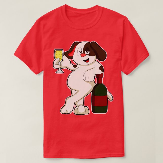 Dog with Glass Bottle of White wine T-Shirt (Design Front)