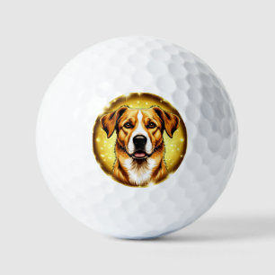Dog with Golden Background Golf Balls