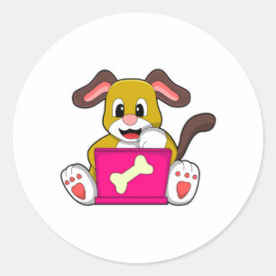 Dog with Laptop Classic Round Sticker
