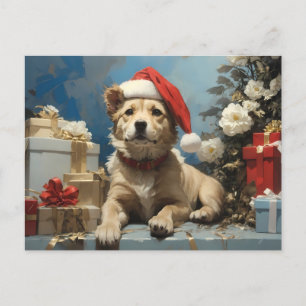 dog with santa hat and many gift boxes postcard
