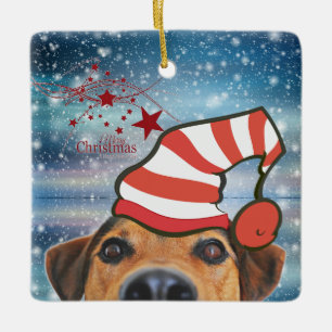 Dog with Santa Hat Ceramic Ornament