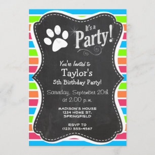 Dog, Woof; Neon Orange Pink Blue Green Stripes Invitation