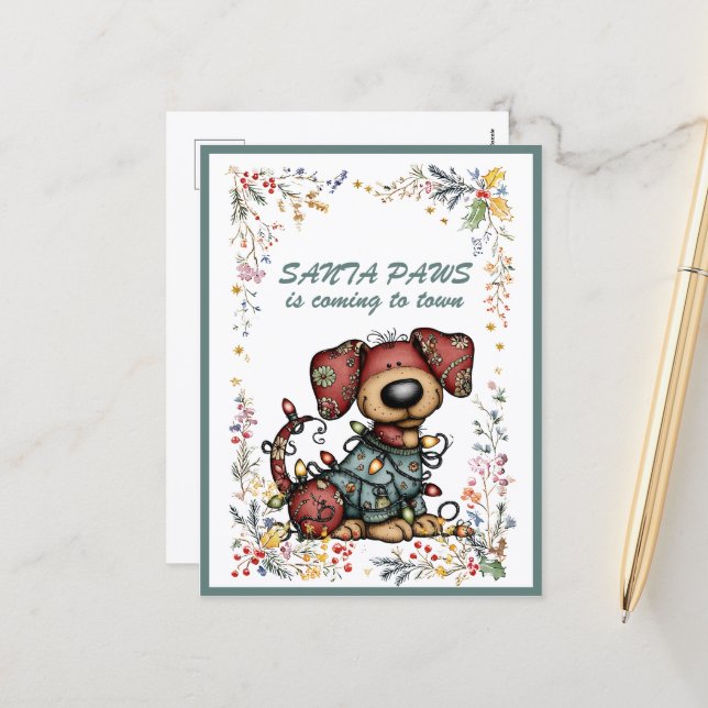 Dog Wrapped In Lights Santa PAWS is Coming to Town Holiday Postcard (Front/Back In Situ)