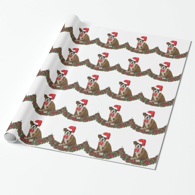 Dog Xmas Boxer Santa Hat Festive Garland Wrapping Paper (Unrolled)
