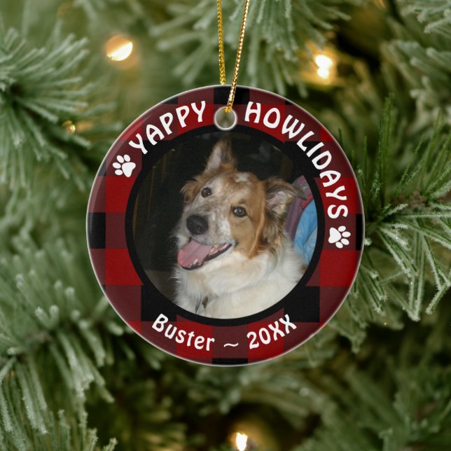 Dog YAPPY HOWLIDAYS Red Buffalo Plaid Photo Ceramic Tree Decoration (Tree)