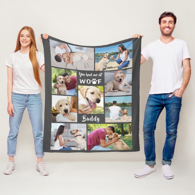 Dog YOU HAD ME AT WOOF 9 Photo Collage Grey Fleece Blanket (In Situ)