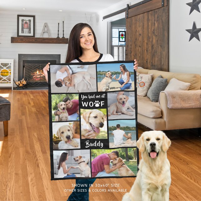 Dog YOU HAD ME AT WOOF Photo Collage Black Fleece Blanket (Creator Uploaded)