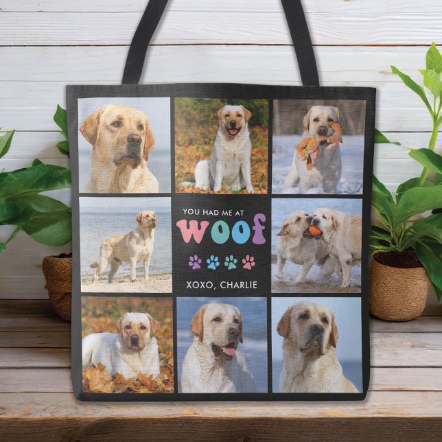 Dog You Had Me WOOF Custom 8 Photo Collage Retro Tote Bag (Creator Uploaded)