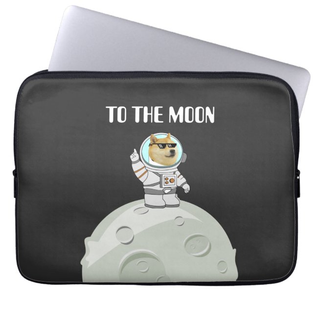 Dogecoin to the moon funny black astronaut dog laptop sleeve (Front)