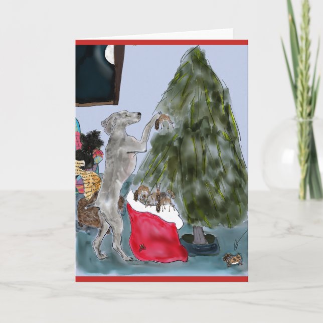Dogr decorates the Christmas tree with squirrels Holiday Card (Front)
