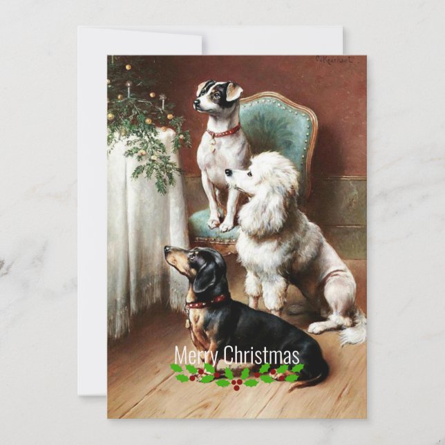 Dogs - A Christmas Treat, artwork by Carl Reichert Holiday Card (Front)