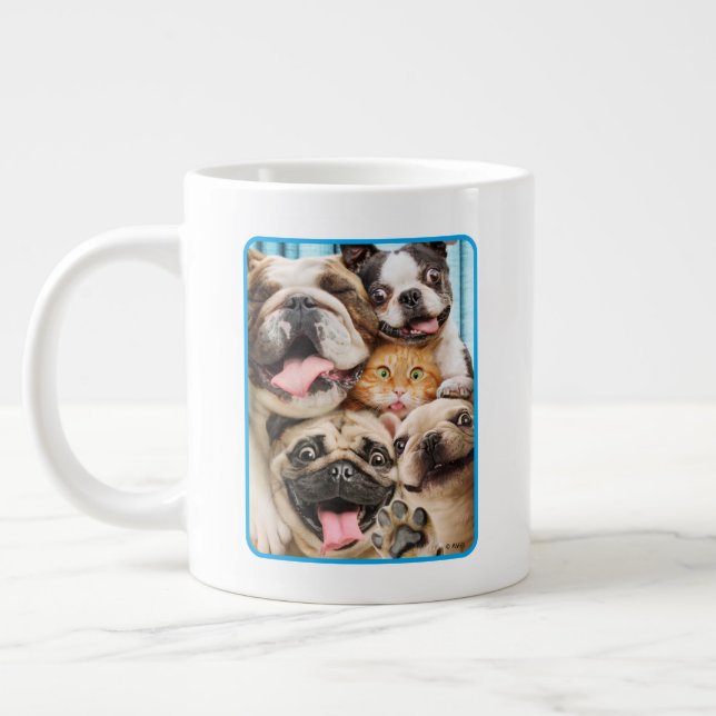 Dogs and a Cat Group Photo Large Coffee Mug (Left)