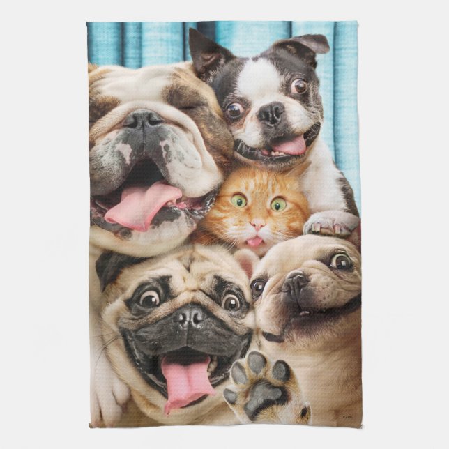 Dogs and a Cat Group Photo Tea Towel (Vertical)