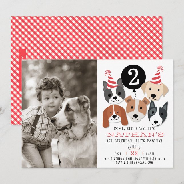 Dogs and Black Balloon Photo Birthday Invite (Front/Back)