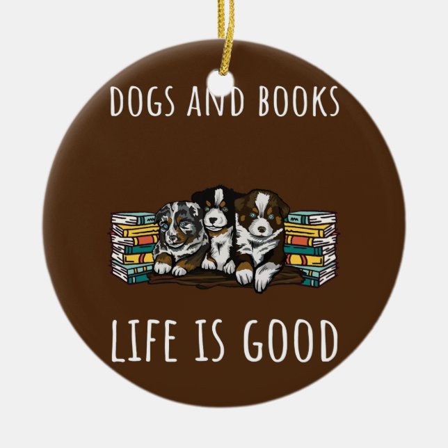 Dogs And Books  Ceramic Tree Decoration (Front)