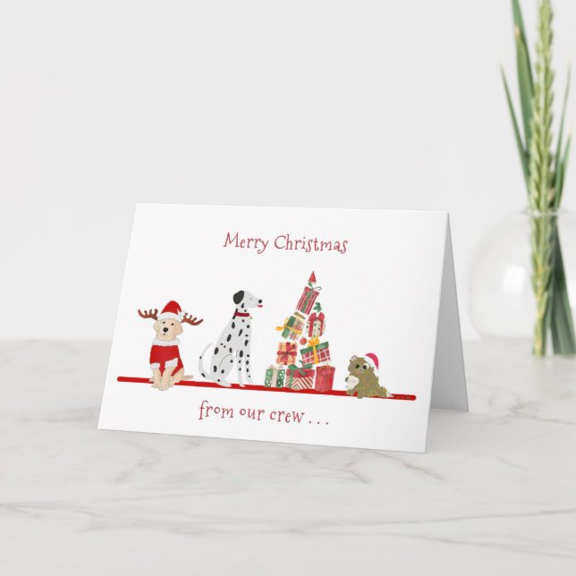 Dogs and Cat Christmas with Gifts Tree Holiday Card (Front)