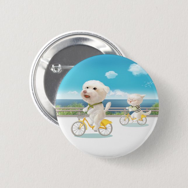 Dogs and Cats Biking by the Sea 6 Cm Round Badge (Front & Back)