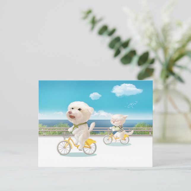 Dogs and Cats Biking by the Sea Announcement Postcard (Standing Front)
