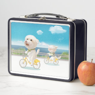 Dogs and Cats Biking by the Sea Metal Lunch Box