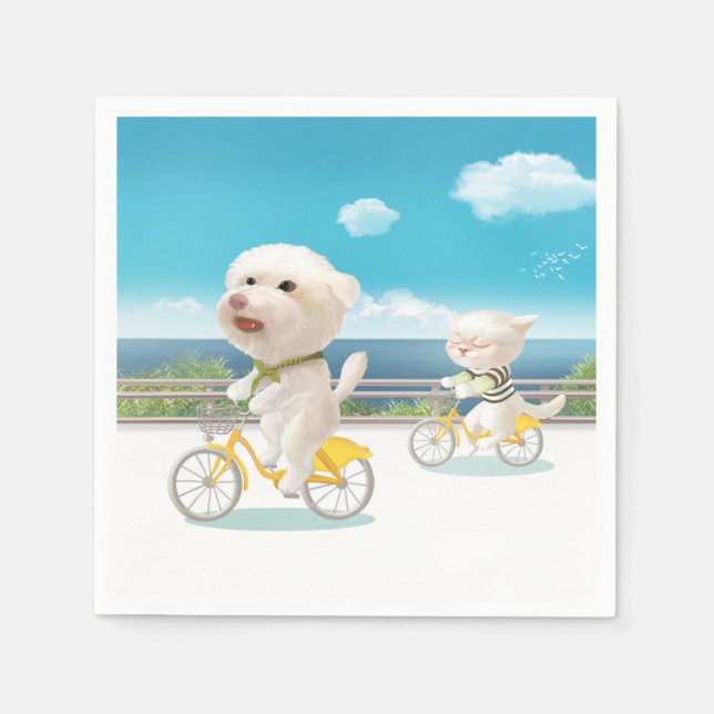 Dogs and Cats Biking by the Sea Napkin (Front)