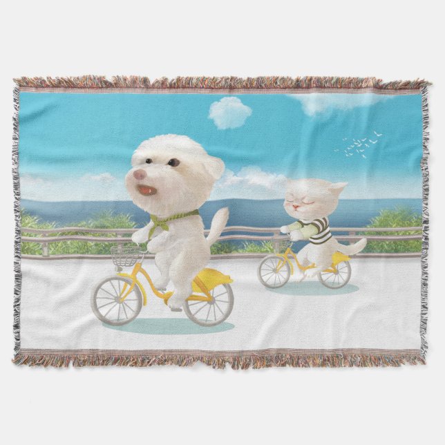 Dogs and Cats Biking by the Sea Throw Blanket (Front)