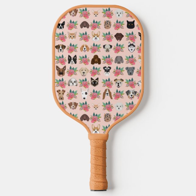 Dogs and Cats Pink Floral Pickleball Paddle (Front)
