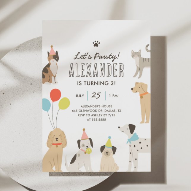 Dogs and Cats Puppy Kitten Let's Pawty Birthday Invitation (Creator Uploaded)