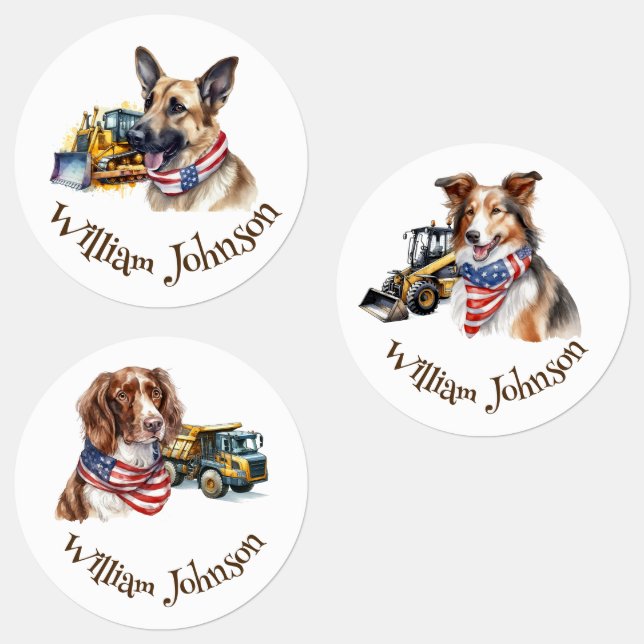 Dogs and Construction Vehicle Iron on Round Labels (Group)