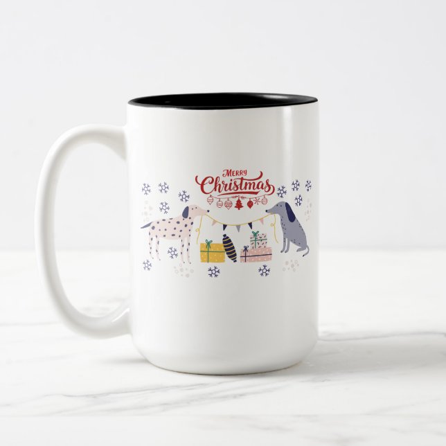 Dogs and Gifts Merry Christmas Two-Tone Coffee Mug (Left)