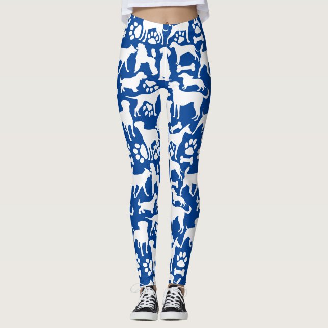 Dogs and paws pattern 02.b Blue BG Leggings (Front)