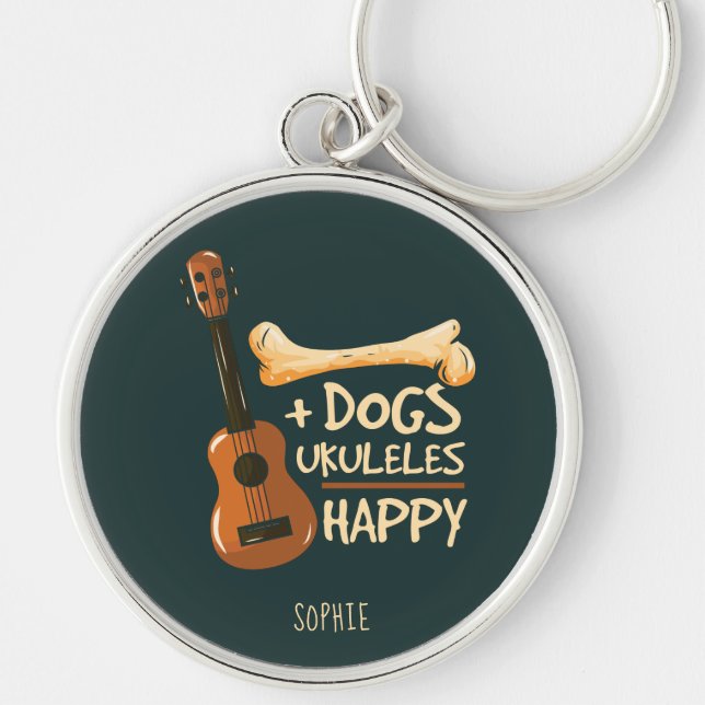 Dogs and Ukuleles Makes Me Happy Personalised Key Ring (Front)