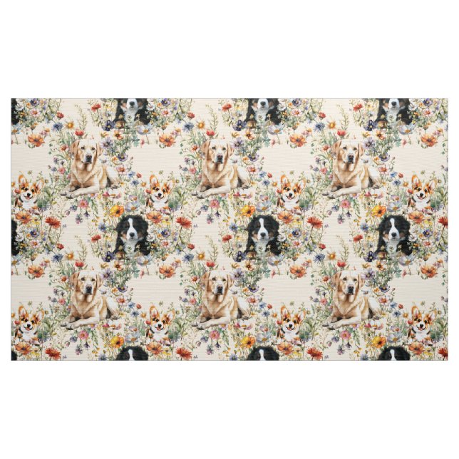 Dogs and Wildflowers Seamless Repeating Pattern Fabric (Yard)