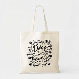 Dogs Are Love Paw And Hearts Typography Tote Bag