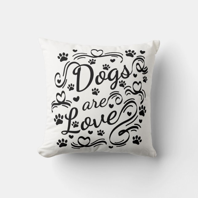 Dogs Are Love Paws And Hearts Typography Cushion (Front)