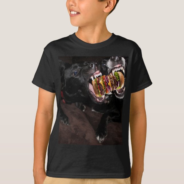 Dogs attacking a huge burger. T-Shirt (Front)