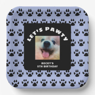 Dogs Birthday Party Blue Paw Prints Custom Photo Paper Plate
