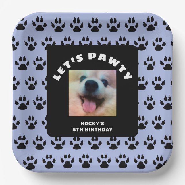 Dogs Birthday Party Blue Paw Prints Custom Photo Paper Plate (Front)