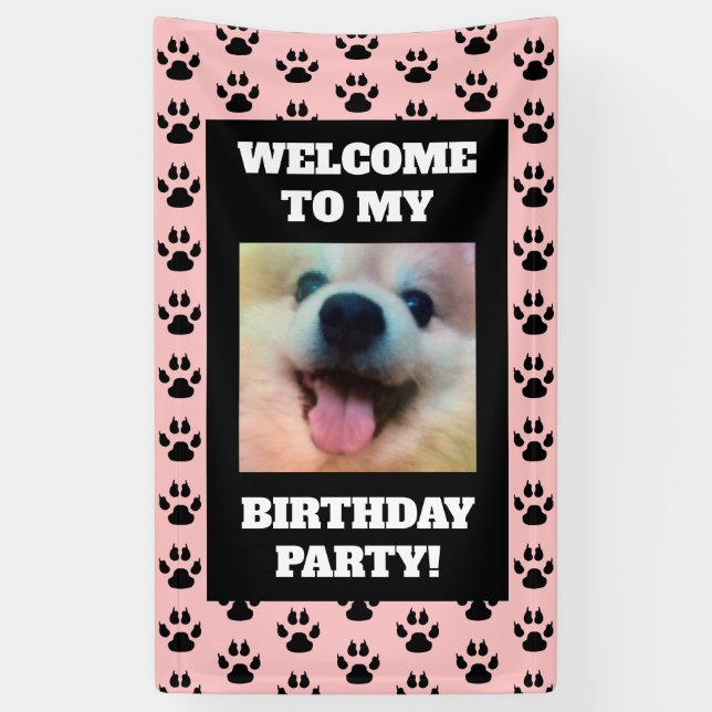 Dogs Birthday Party Photo Pink Black Paw Prints Banner (Vertical)