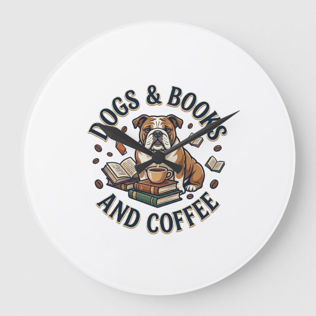 Dogs Books Coffee Bulldog Stack Cup_1 Large Clock (Front)
