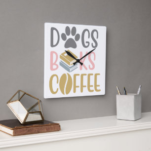 Dogs Books Coffee Square Wall Clock