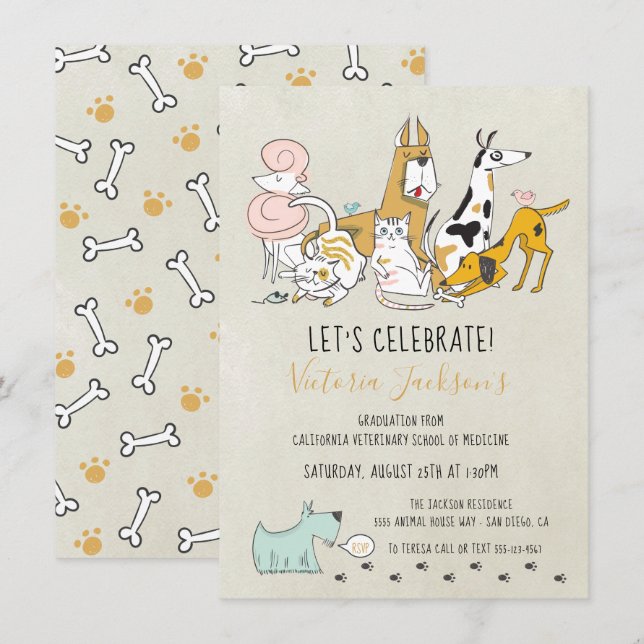 Dogs cats and birds Veterinarian School Graduation Invitation (Front/Back)